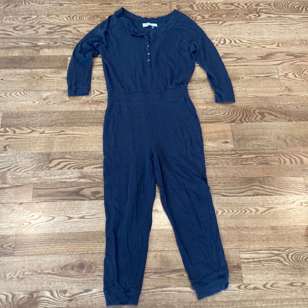 FP Beach 100% cotton button front 3/4 sleeve charcoal gray jumpsuit neutral NWOT